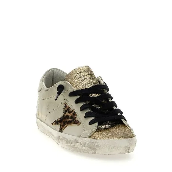 Golden Goose Beige Leather Sneakers with Leopard Star and Gold Glitter Accents
